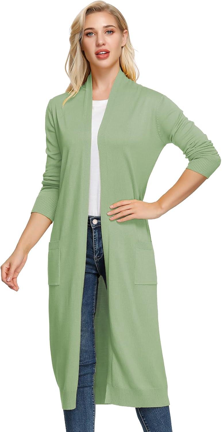 imageGRACE KARIN Essential Solid Open Front Maxi Long Knitted Cardigan Sweater for WomenLight Green
