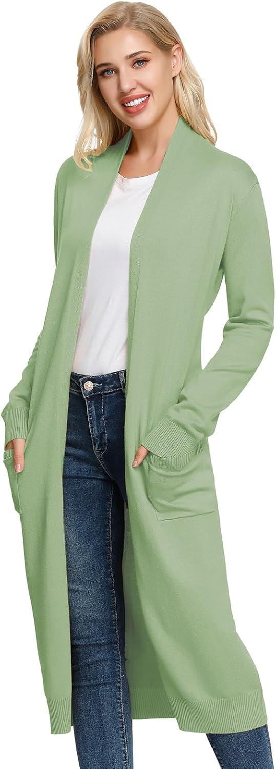 imageGRACE KARIN Essential Solid Open Front Maxi Long Knitted Cardigan Sweater for WomenLight Green
