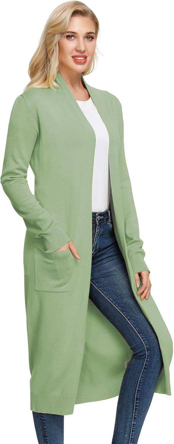 imageGRACE KARIN Essential Solid Open Front Maxi Long Knitted Cardigan Sweater for WomenLight Green