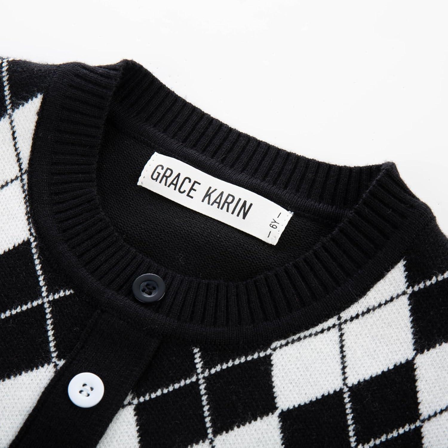 imageGRACE KARIN Girls Argyle Knit Sweater Dress Long Sleeve Fall Winter Christmas Dresses 614YBlack