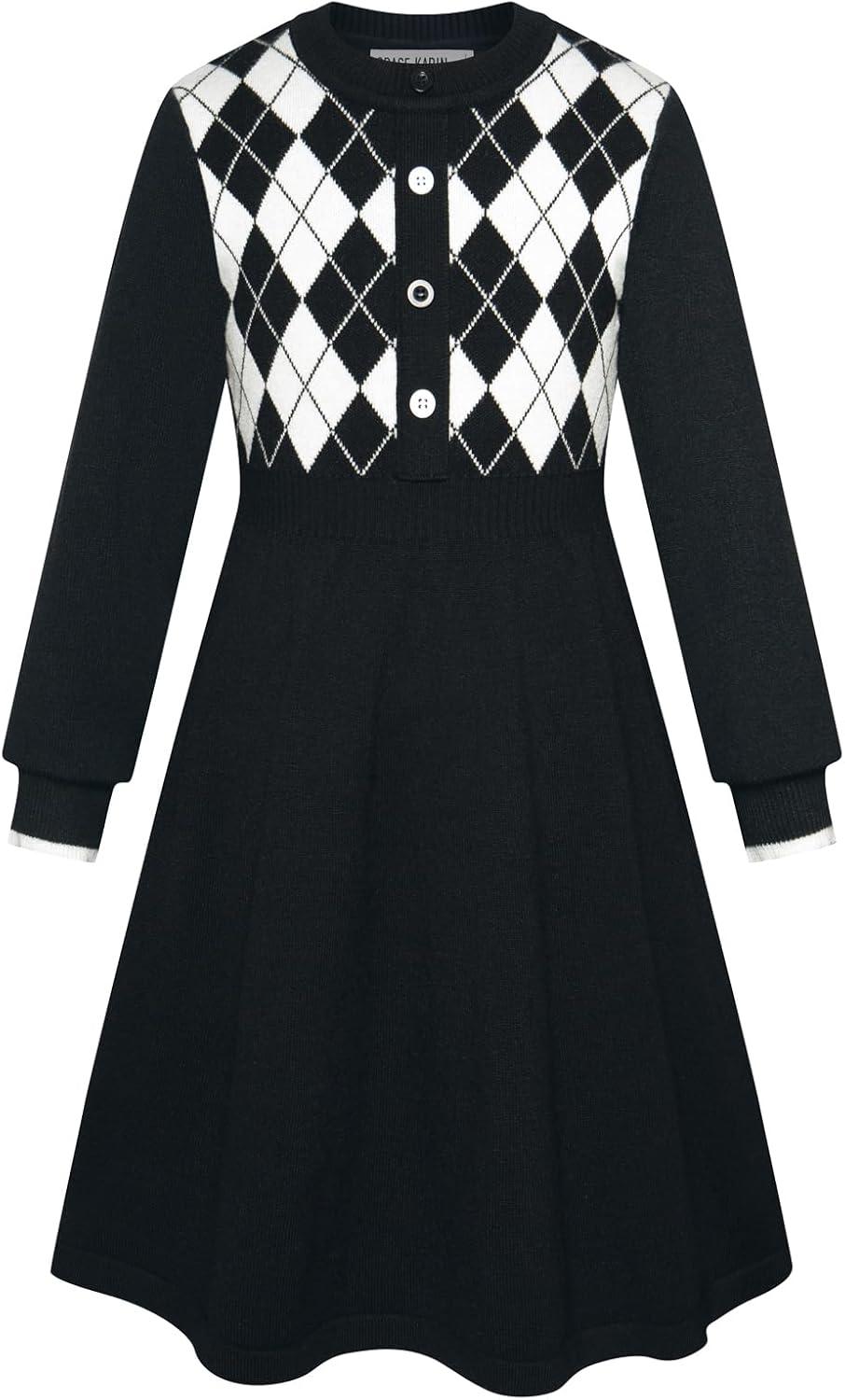 imageGRACE KARIN Girls Argyle Knit Sweater Dress Long Sleeve Fall Winter Christmas Dresses 614YBlack