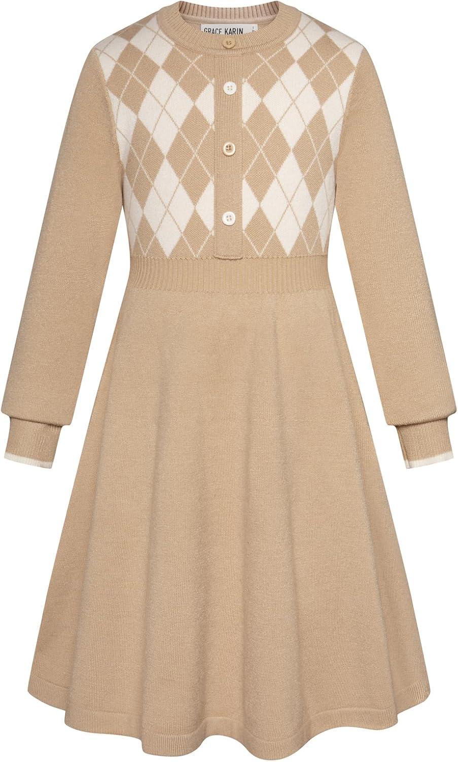imageGRACE KARIN Girls Argyle Knit Sweater Dress Long Sleeve Fall Winter Christmas Dresses 614YBrown