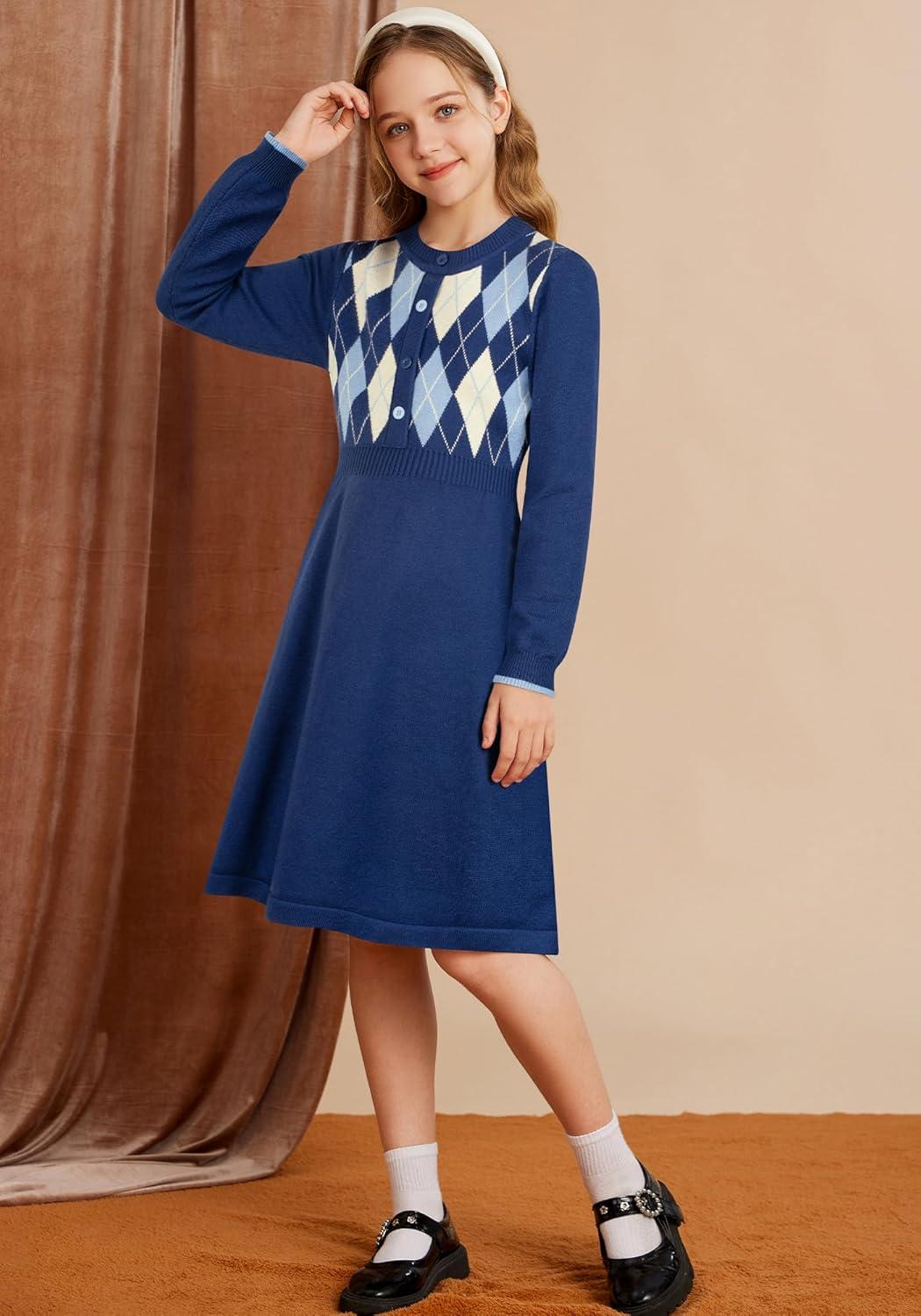 imageGRACE KARIN Girls Argyle Knit Sweater Dress Long Sleeve Fall Winter Christmas Dresses 614YClassic Check Blue