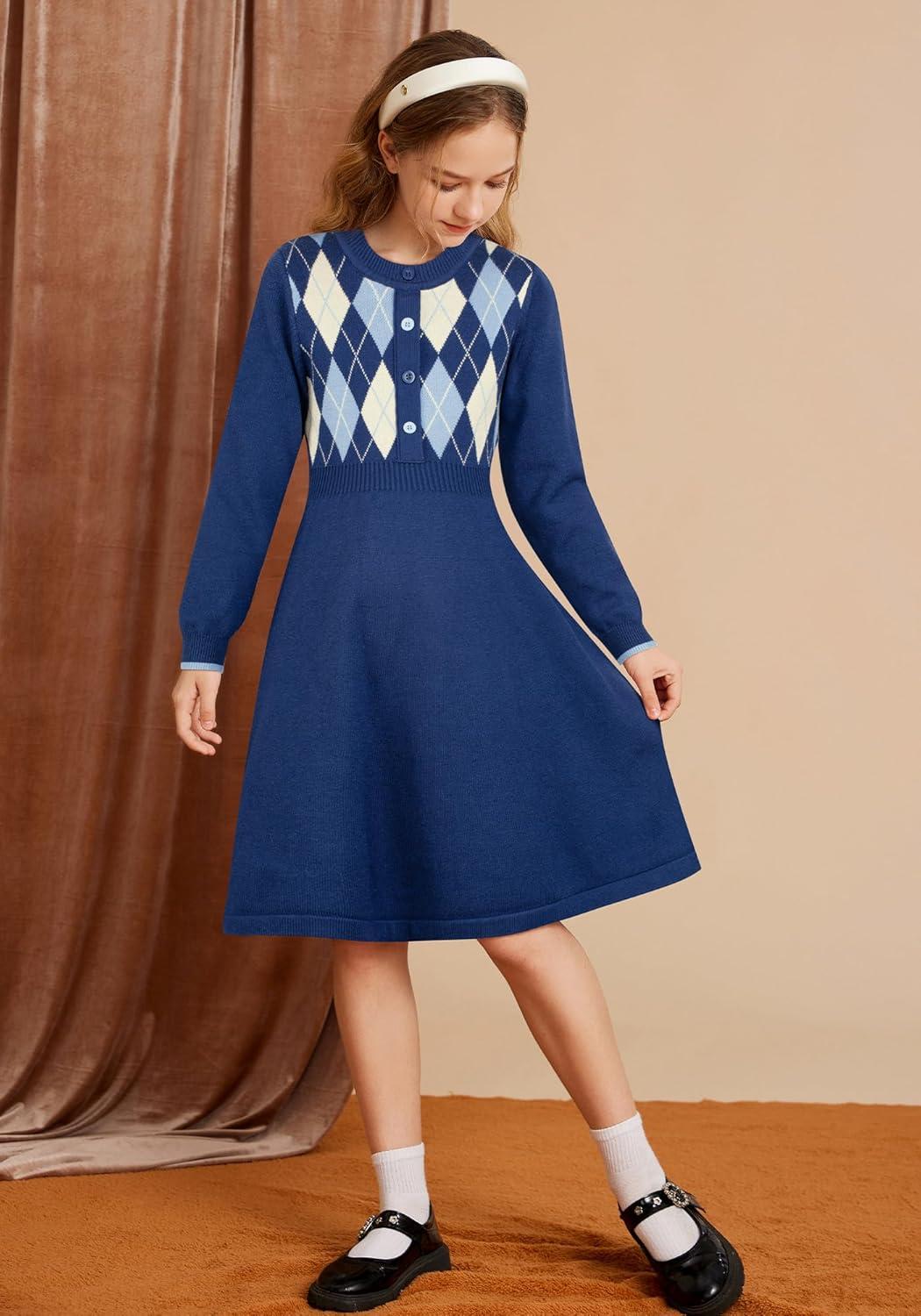 imageGRACE KARIN Girls Argyle Knit Sweater Dress Long Sleeve Fall Winter Christmas Dresses 614YClassic Check Blue