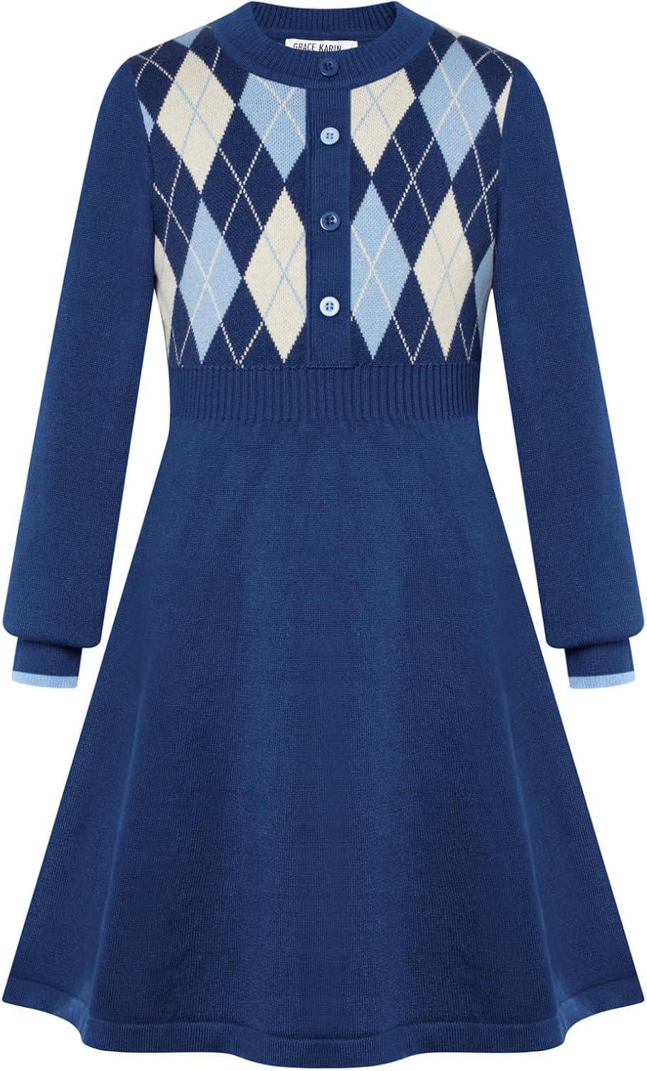 imageGRACE KARIN Girls Argyle Knit Sweater Dress Long Sleeve Fall Winter Christmas Dresses 614YClassic Check Blue