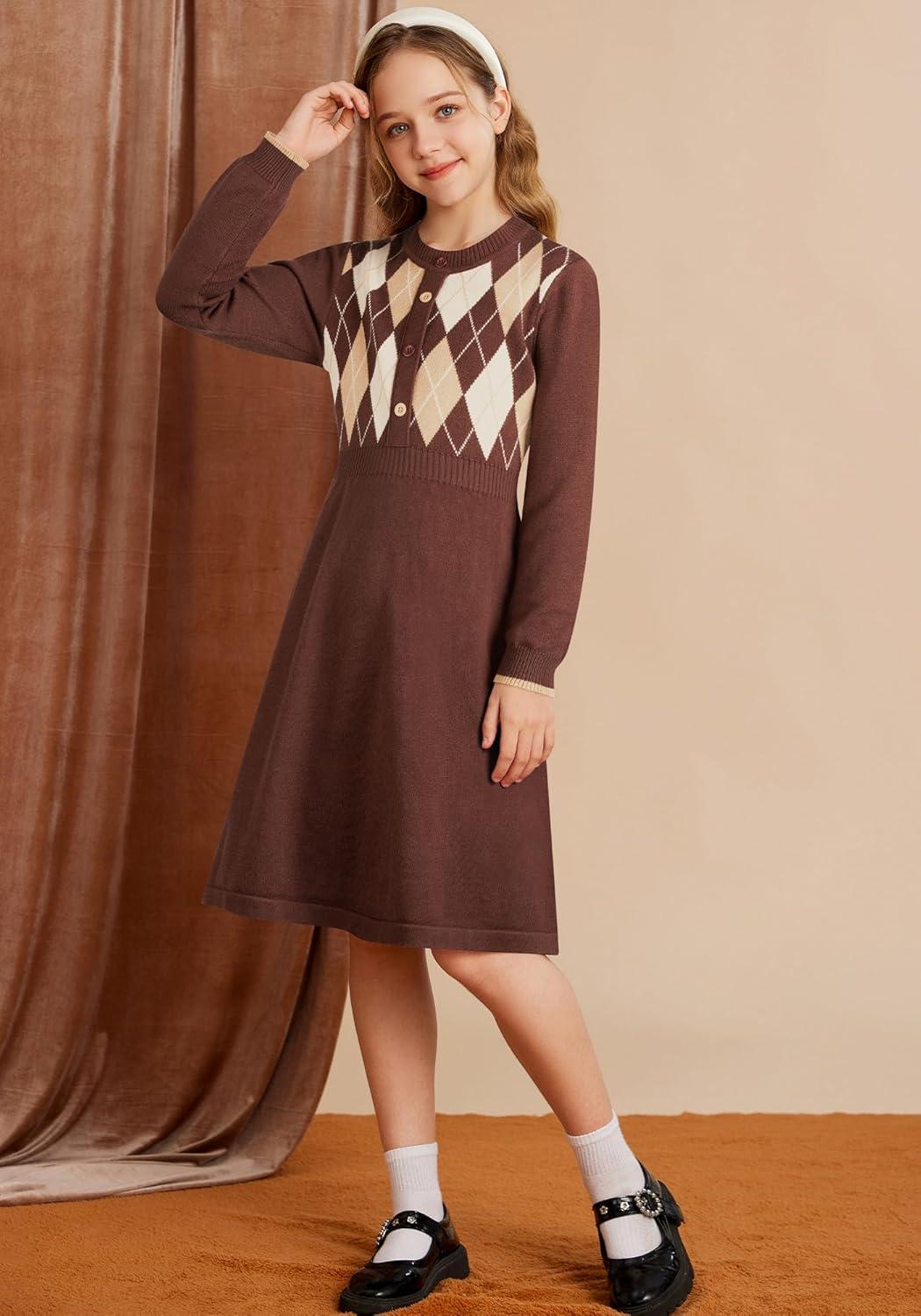 imageGRACE KARIN Girls Argyle Knit Sweater Dress Long Sleeve Fall Winter Christmas Dresses 614YClassic Check Brown