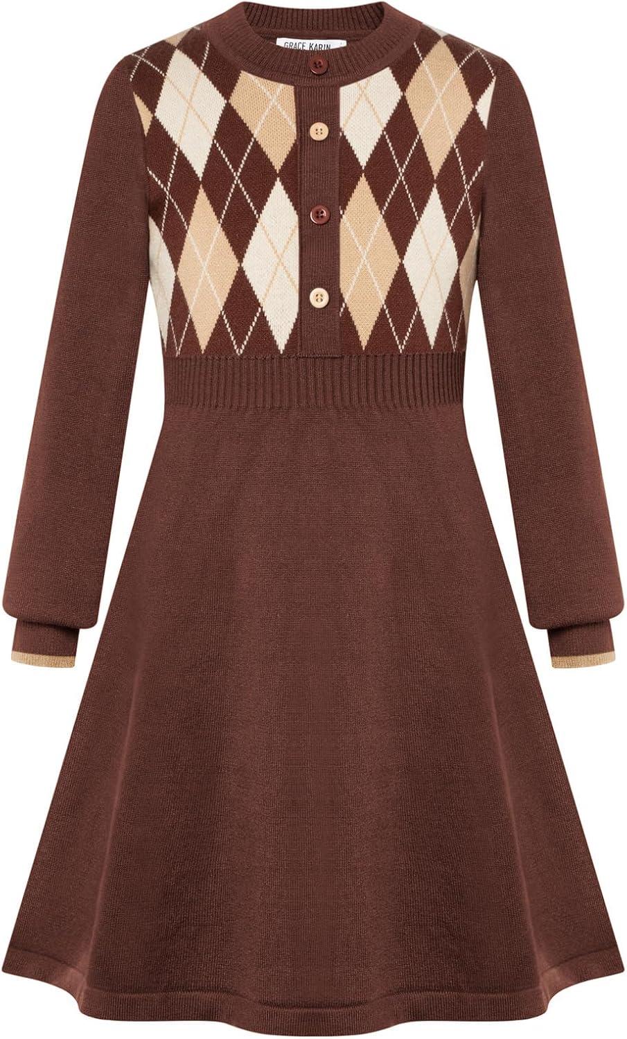 imageGRACE KARIN Girls Argyle Knit Sweater Dress Long Sleeve Fall Winter Christmas Dresses 614YClassic Check Brown