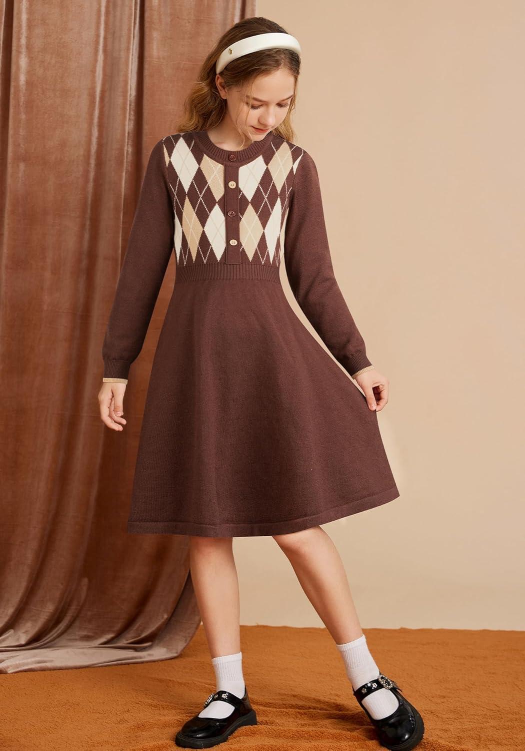 imageGRACE KARIN Girls Argyle Knit Sweater Dress Long Sleeve Fall Winter Christmas Dresses 614YClassic Check Brown