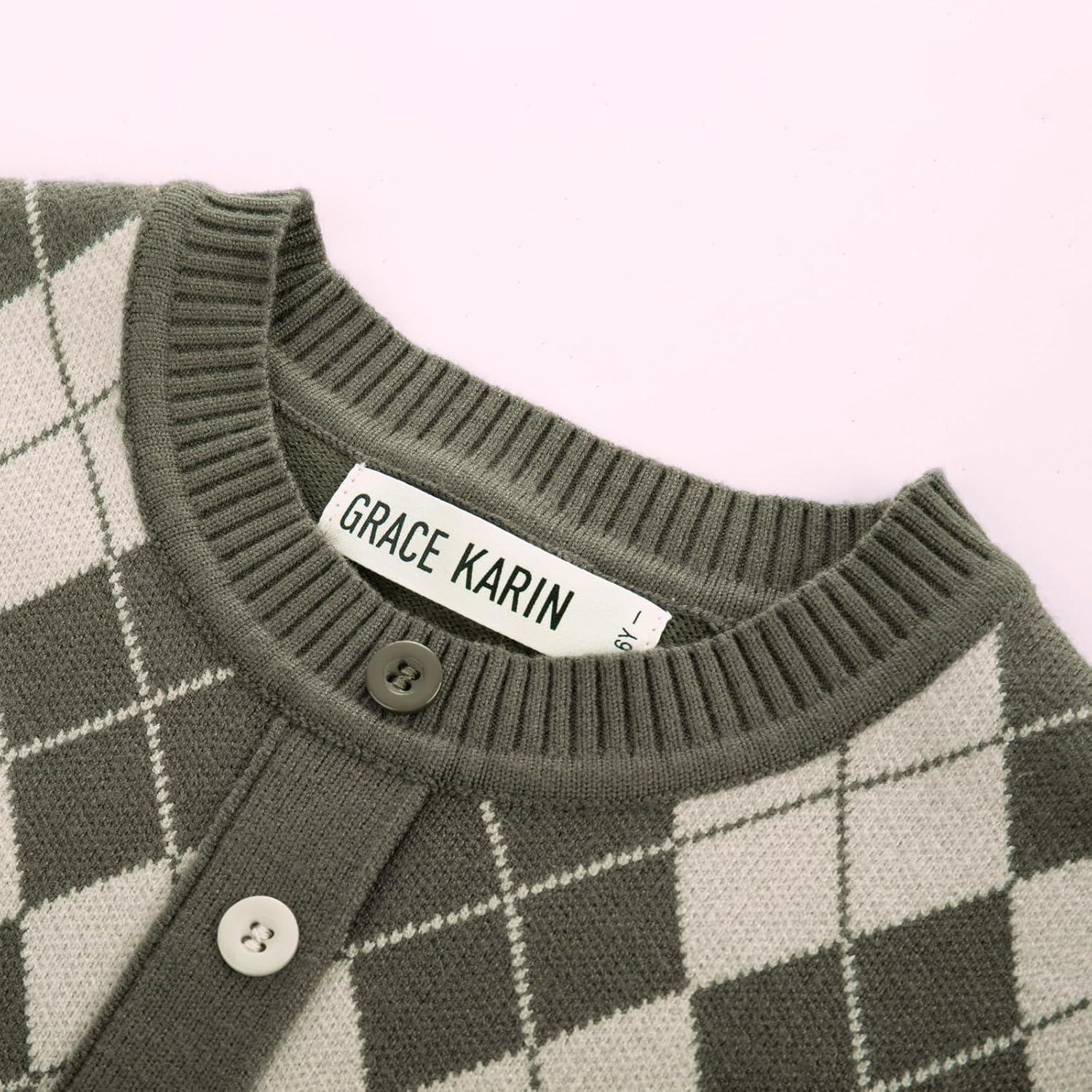 imageGRACE KARIN Girls Argyle Knit Sweater Dress Long Sleeve Fall Winter Christmas Dresses 614YDark Green