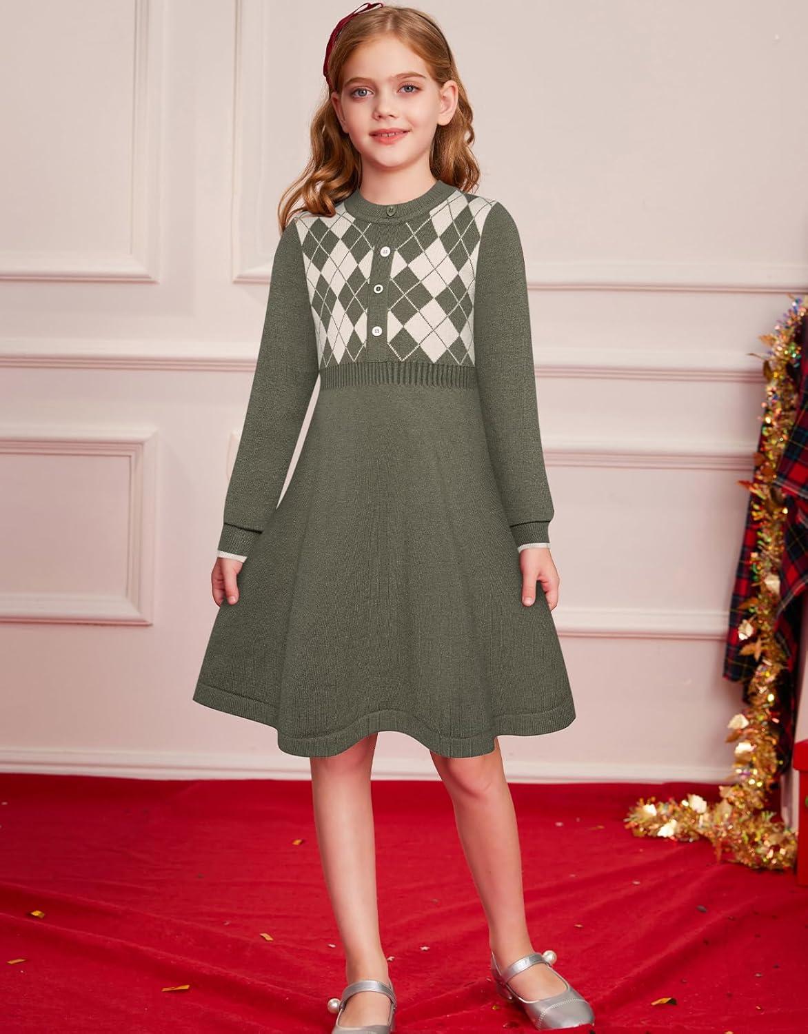 imageGRACE KARIN Girls Argyle Knit Sweater Dress Long Sleeve Fall Winter Christmas Dresses 614YDark Green