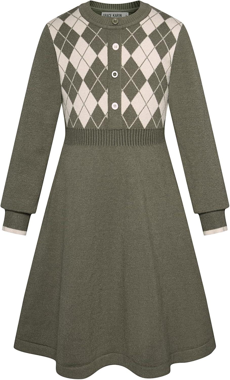 imageGRACE KARIN Girls Argyle Knit Sweater Dress Long Sleeve Fall Winter Christmas Dresses 614YDark Green