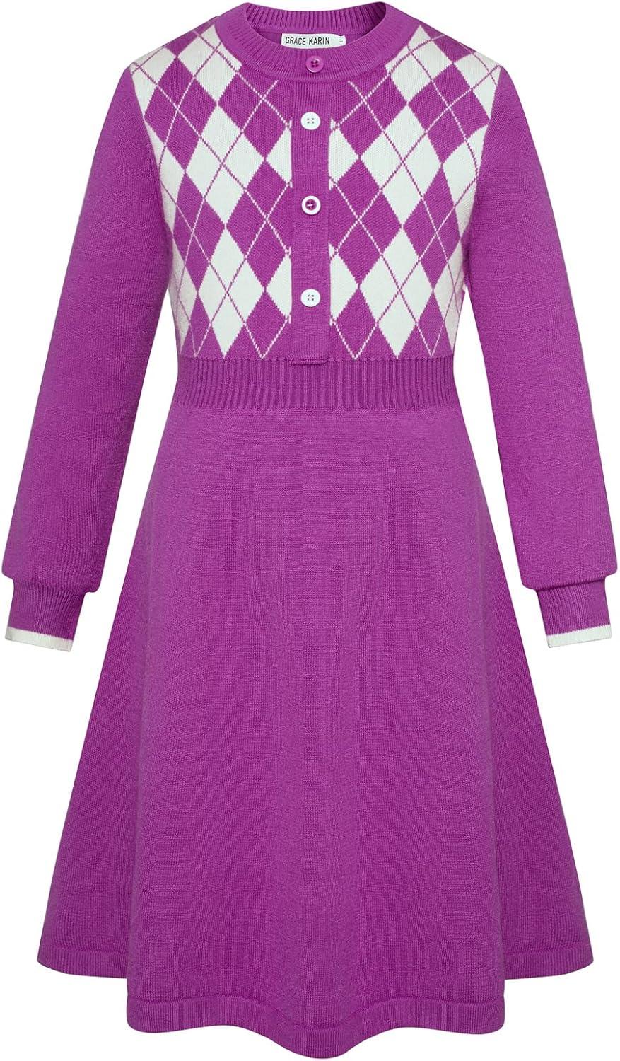 imageGRACE KARIN Girls Argyle Knit Sweater Dress Long Sleeve Fall Winter Christmas Dresses 614YDark Purple