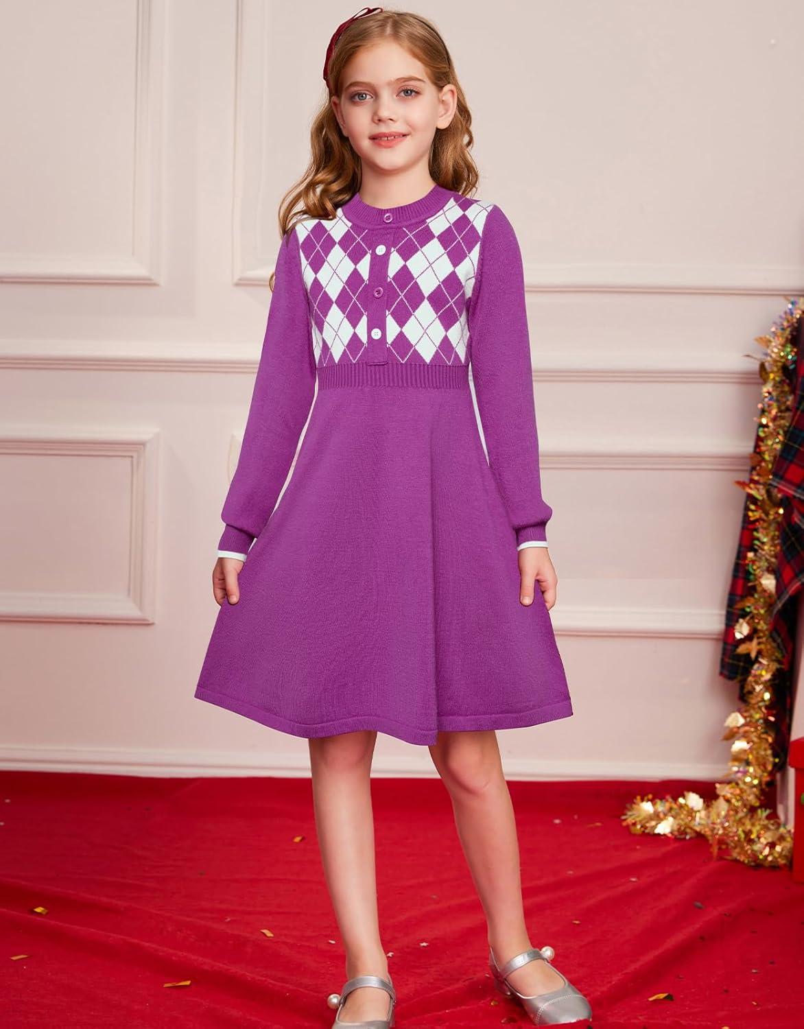 imageGRACE KARIN Girls Argyle Knit Sweater Dress Long Sleeve Fall Winter Christmas Dresses 614YDark Purple