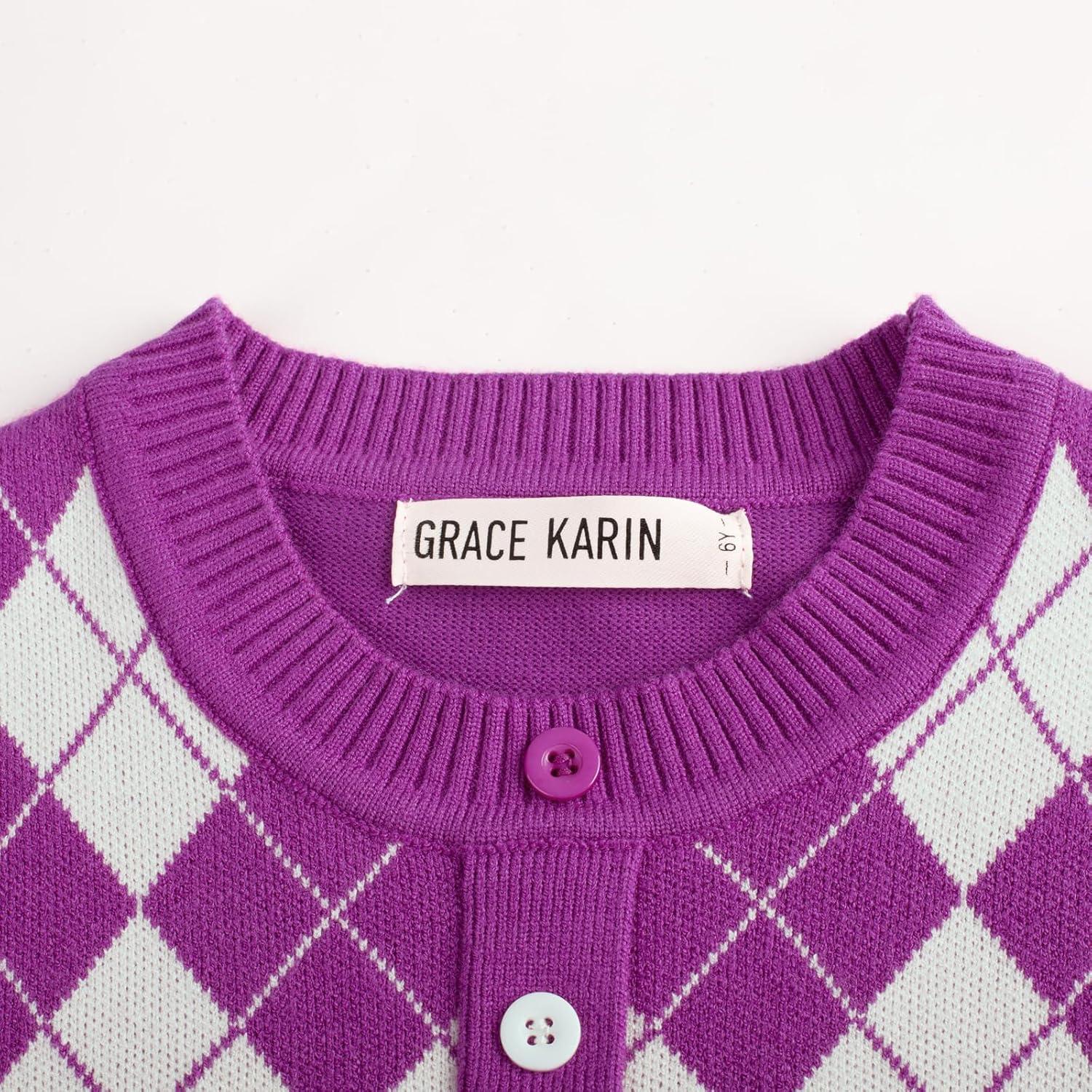 imageGRACE KARIN Girls Argyle Knit Sweater Dress Long Sleeve Fall Winter Christmas Dresses 614YDark Purple