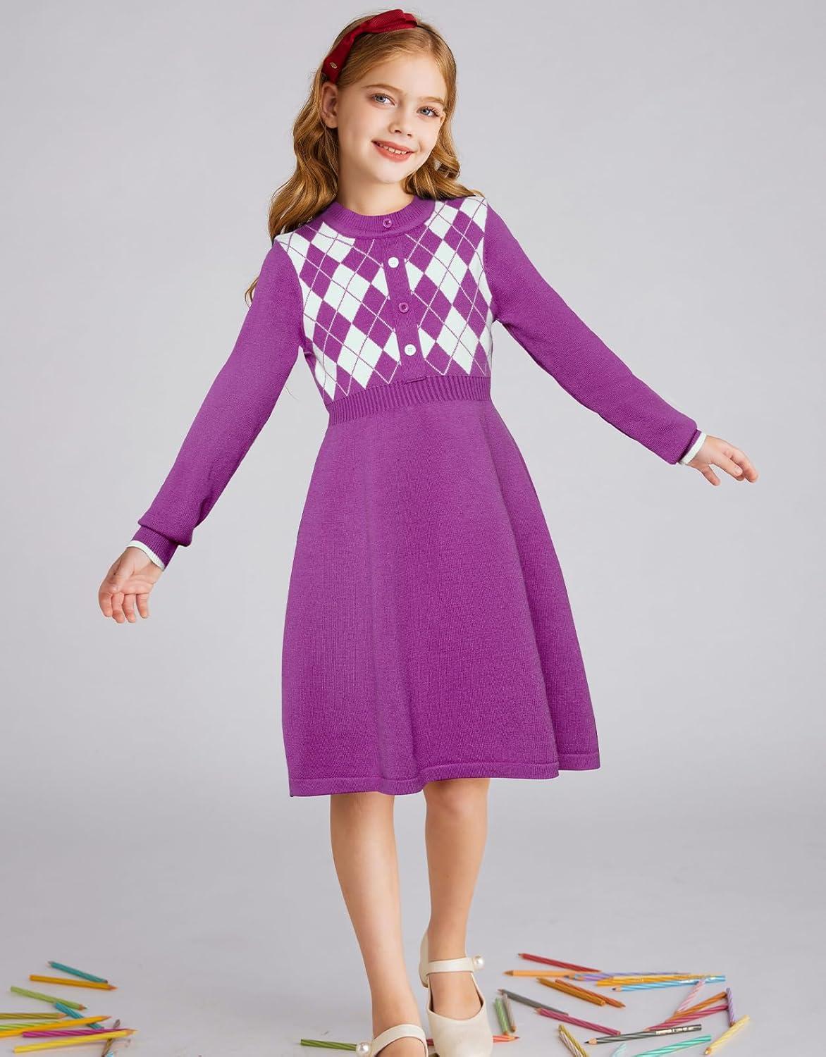 imageGRACE KARIN Girls Argyle Knit Sweater Dress Long Sleeve Fall Winter Christmas Dresses 614YDark Purple