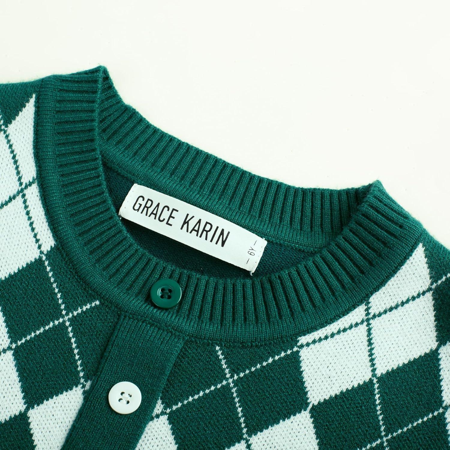 imageGRACE KARIN Girls Argyle Knit Sweater Dress Long Sleeve Fall Winter Christmas Dresses 614YGreen