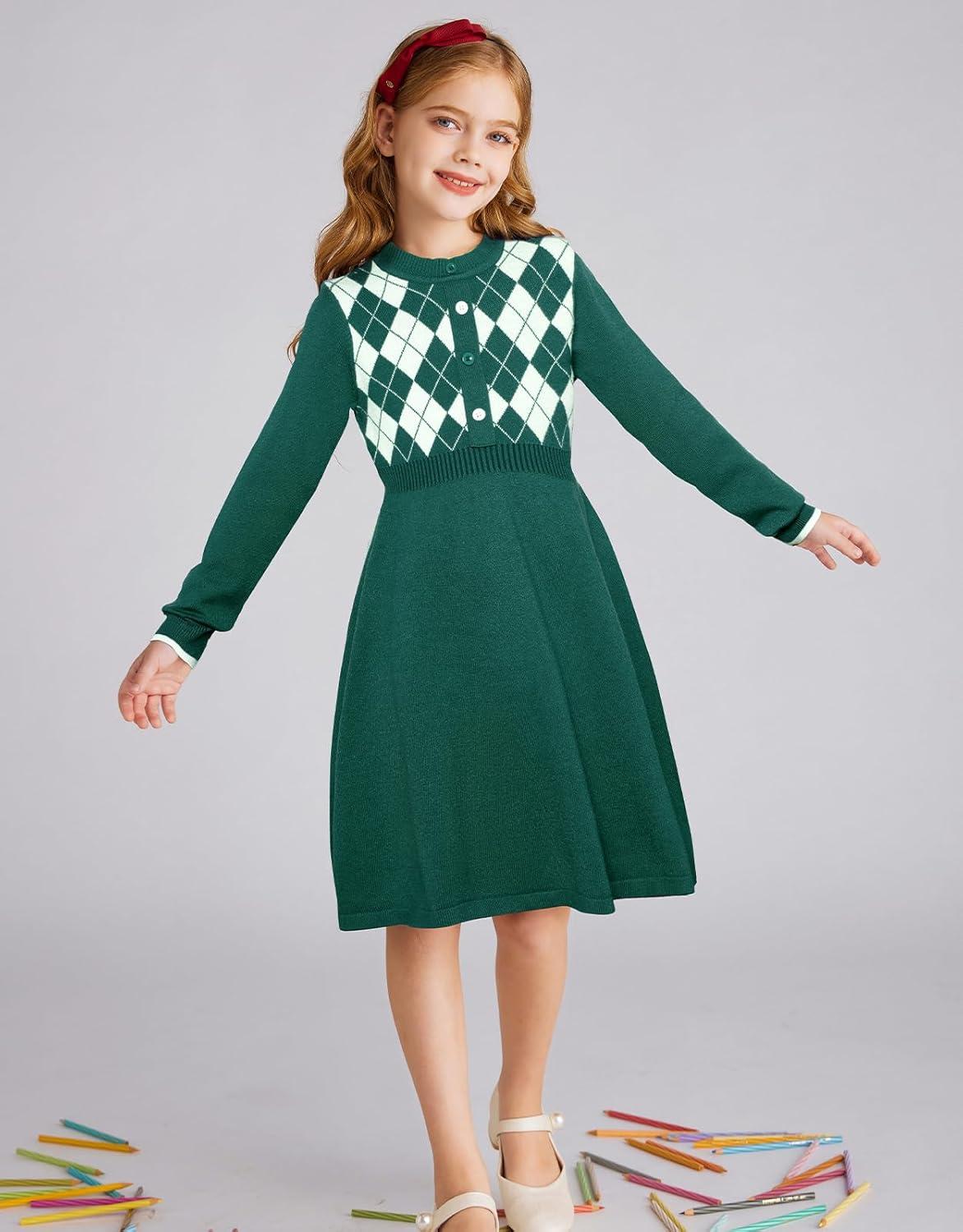 imageGRACE KARIN Girls Argyle Knit Sweater Dress Long Sleeve Fall Winter Christmas Dresses 614YGreen