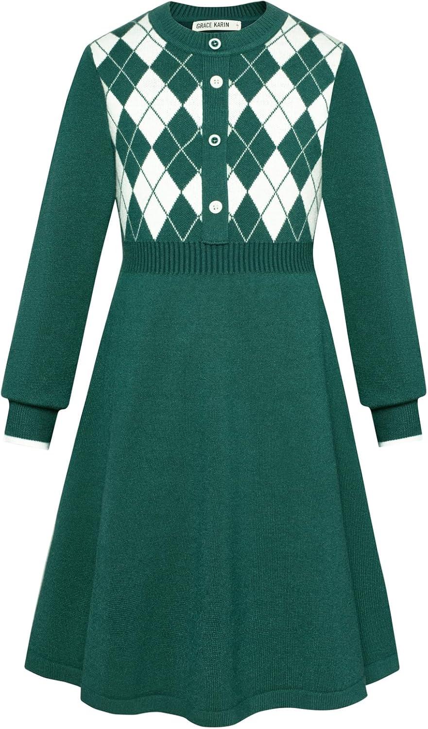 imageGRACE KARIN Girls Argyle Knit Sweater Dress Long Sleeve Fall Winter Christmas Dresses 614YGreen