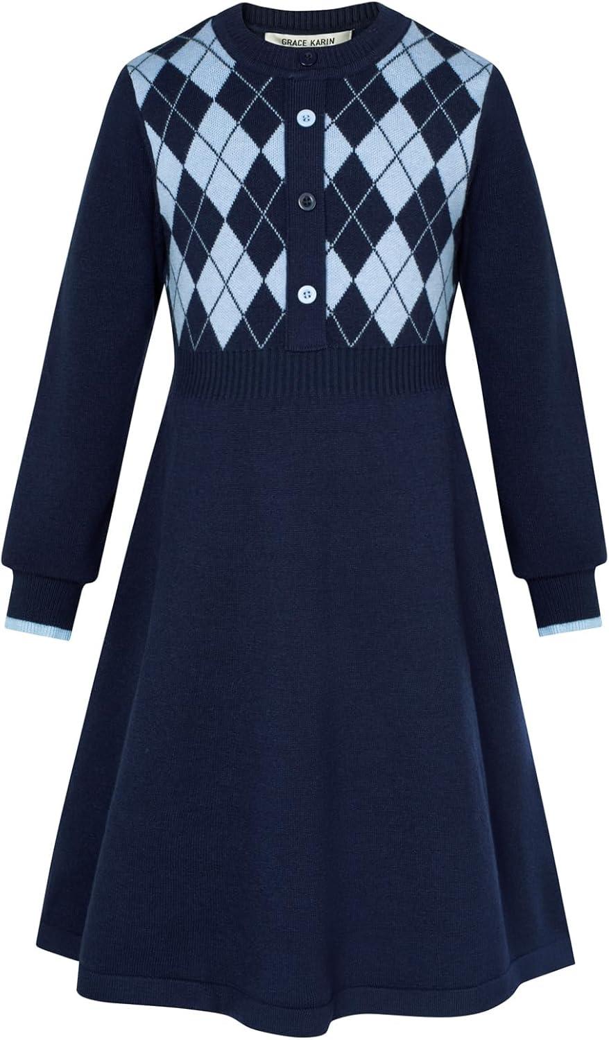 imageGRACE KARIN Girls Argyle Knit Sweater Dress Long Sleeve Fall Winter Christmas Dresses 614YNavy Blue