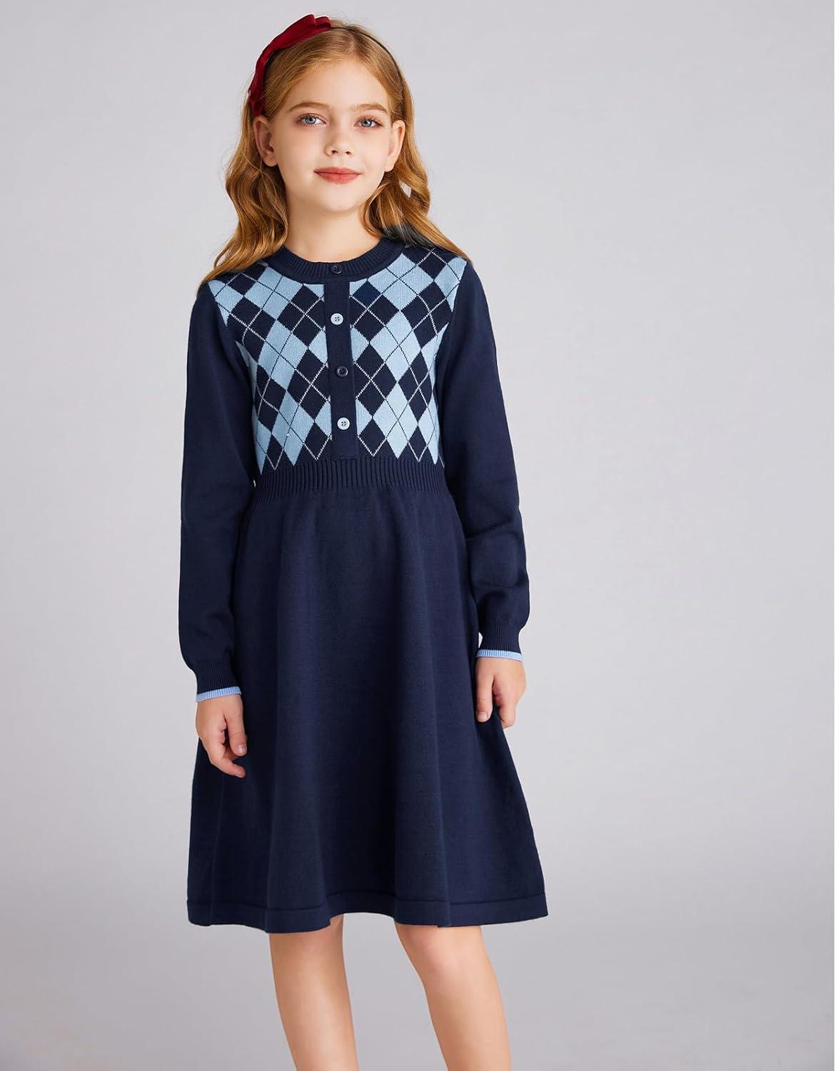imageGRACE KARIN Girls Argyle Knit Sweater Dress Long Sleeve Fall Winter Christmas Dresses 614YNavy Blue