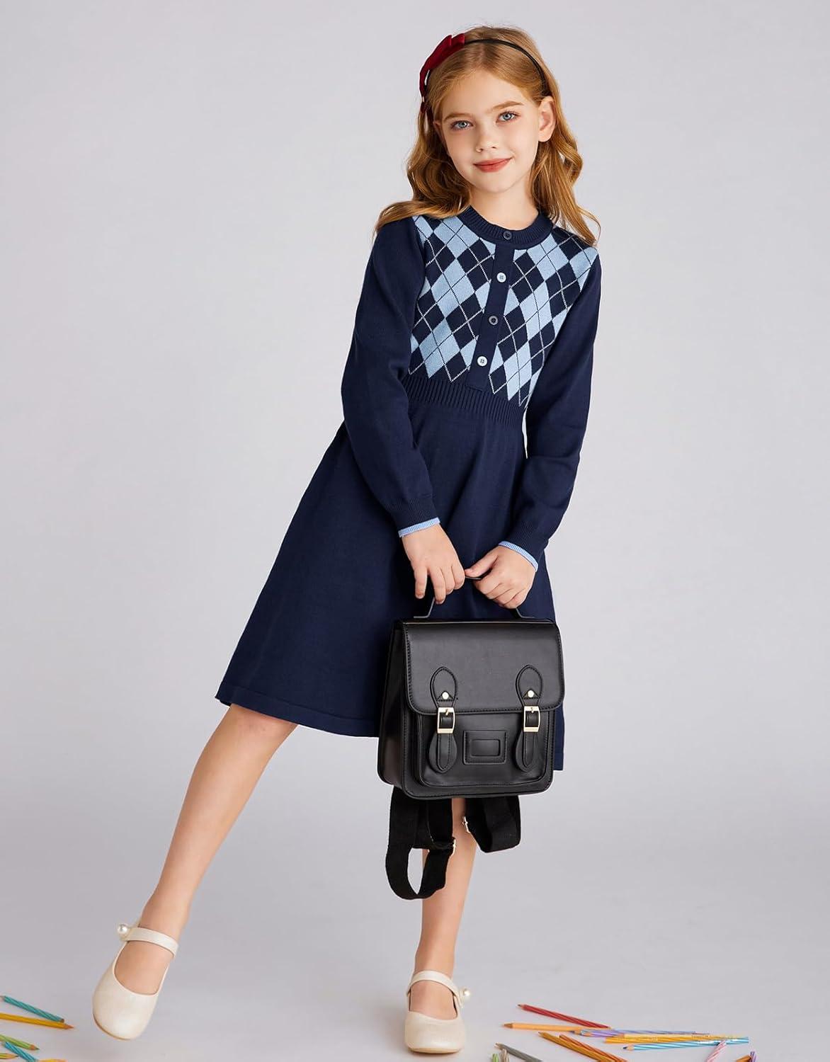 imageGRACE KARIN Girls Argyle Knit Sweater Dress Long Sleeve Fall Winter Christmas Dresses 614YNavy Blue
