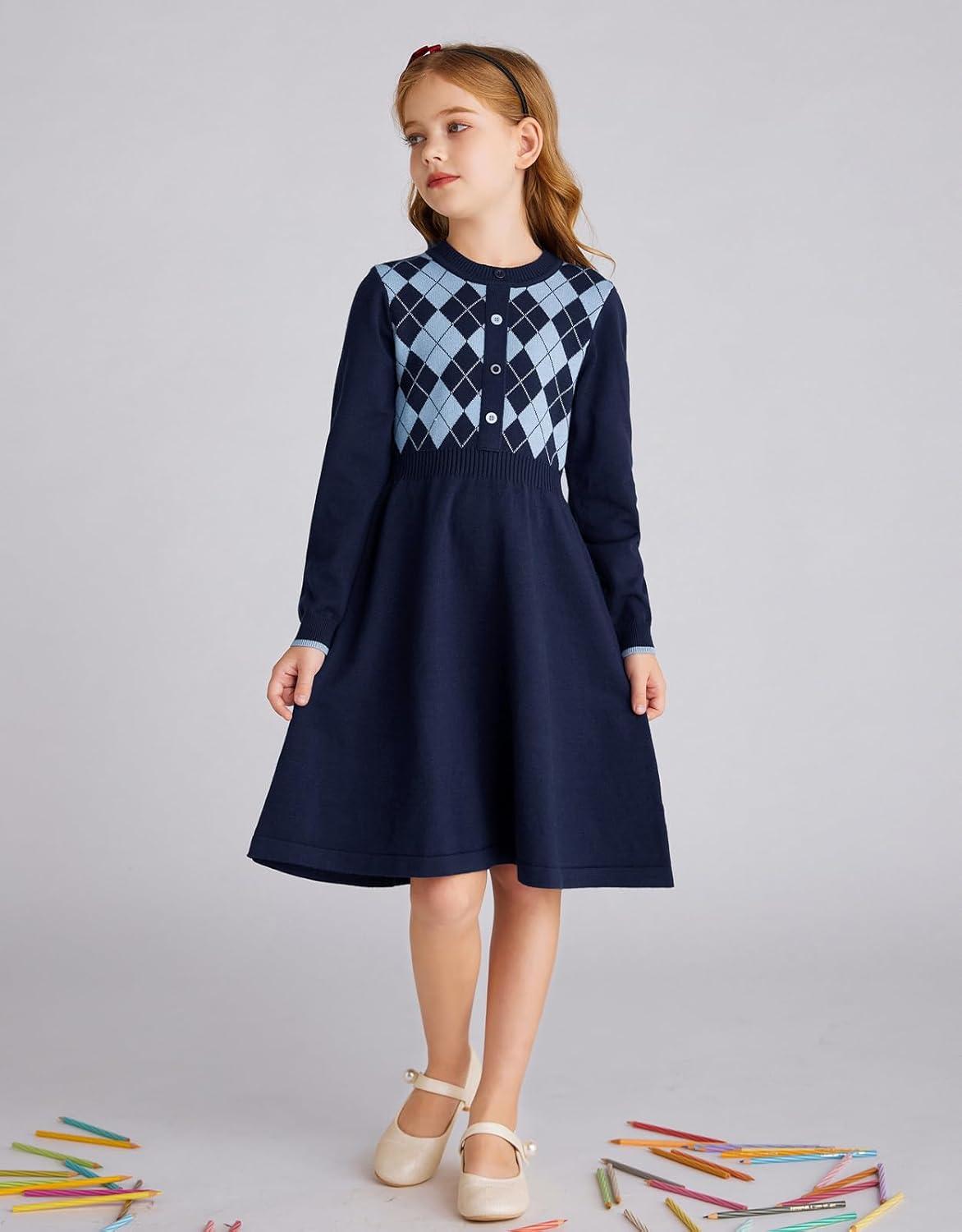 imageGRACE KARIN Girls Argyle Knit Sweater Dress Long Sleeve Fall Winter Christmas Dresses 614YNavy Blue