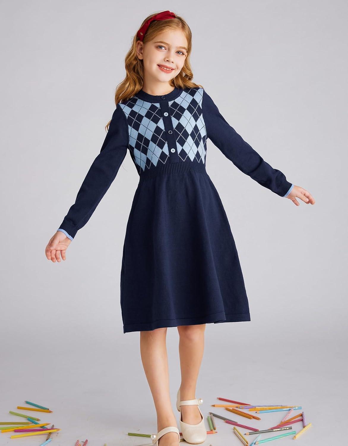 imageGRACE KARIN Girls Argyle Knit Sweater Dress Long Sleeve Fall Winter Christmas Dresses 614YNavy Blue
