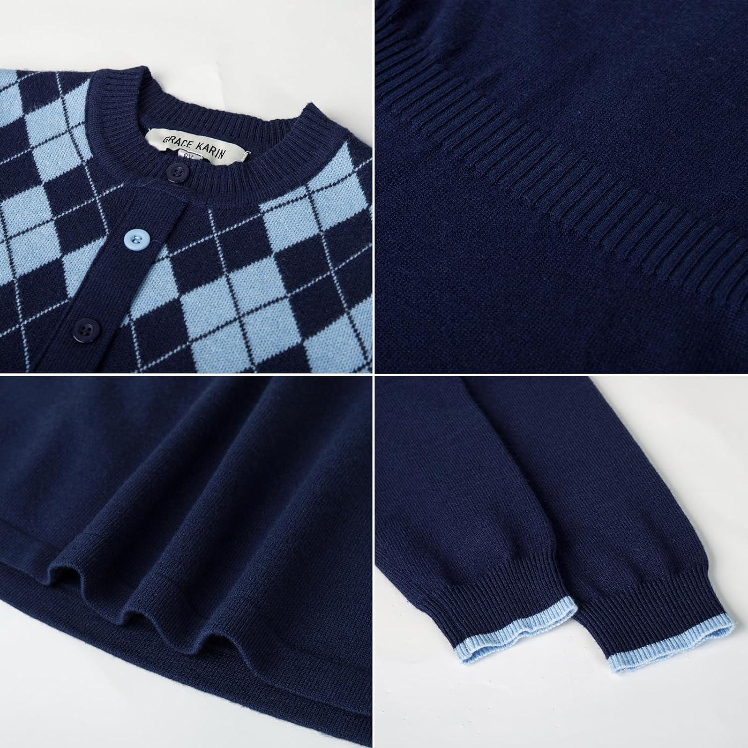 imageGRACE KARIN Girls Argyle Knit Sweater Dress Long Sleeve Fall Winter Christmas Dresses 614YNavy Blue