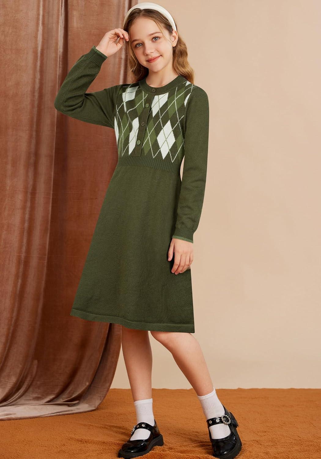 imageGRACE KARIN Girls Argyle Knit Sweater Dress Long Sleeve Fall Winter Christmas Dresses 614YOlive Green