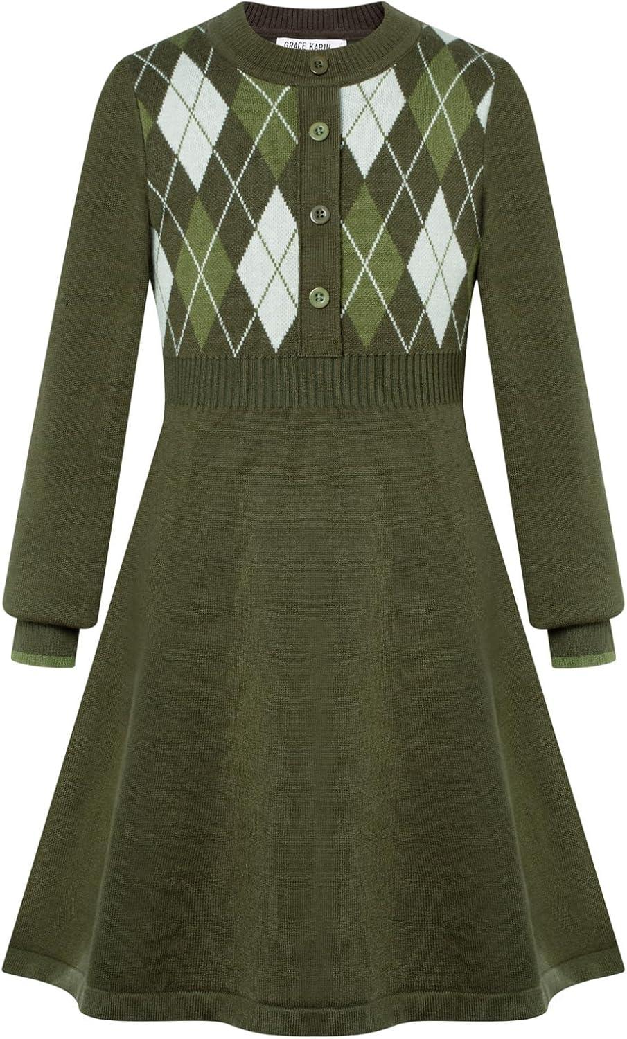 imageGRACE KARIN Girls Argyle Knit Sweater Dress Long Sleeve Fall Winter Christmas Dresses 614YOlive Green