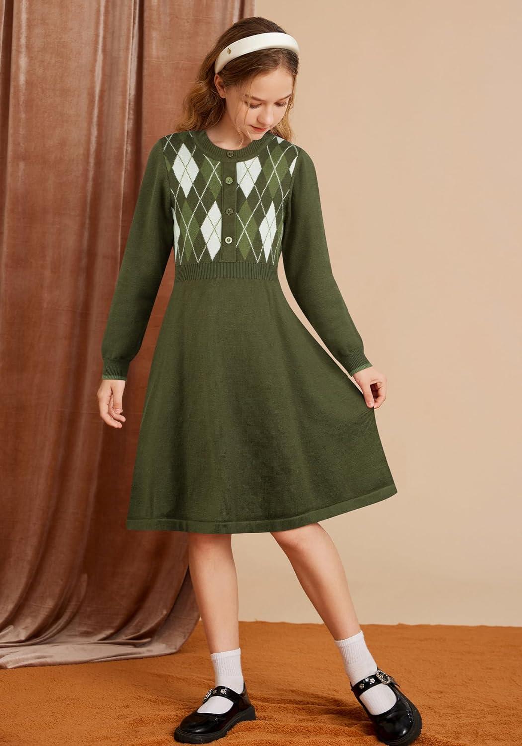 imageGRACE KARIN Girls Argyle Knit Sweater Dress Long Sleeve Fall Winter Christmas Dresses 614YOlive Green