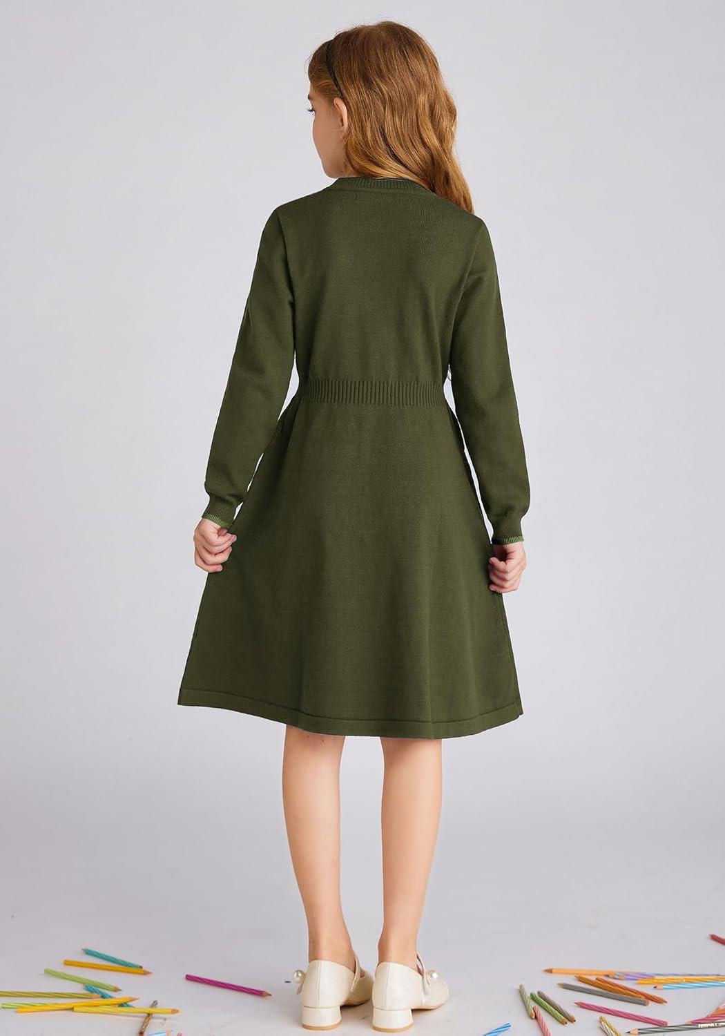 imageGRACE KARIN Girls Argyle Knit Sweater Dress Long Sleeve Fall Winter Christmas Dresses 614YOlive Green