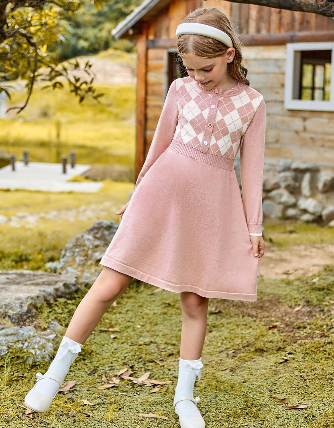 imageGRACE KARIN Girls Argyle Knit Sweater Dress Long Sleeve Fall Winter Christmas Dresses 614YPink