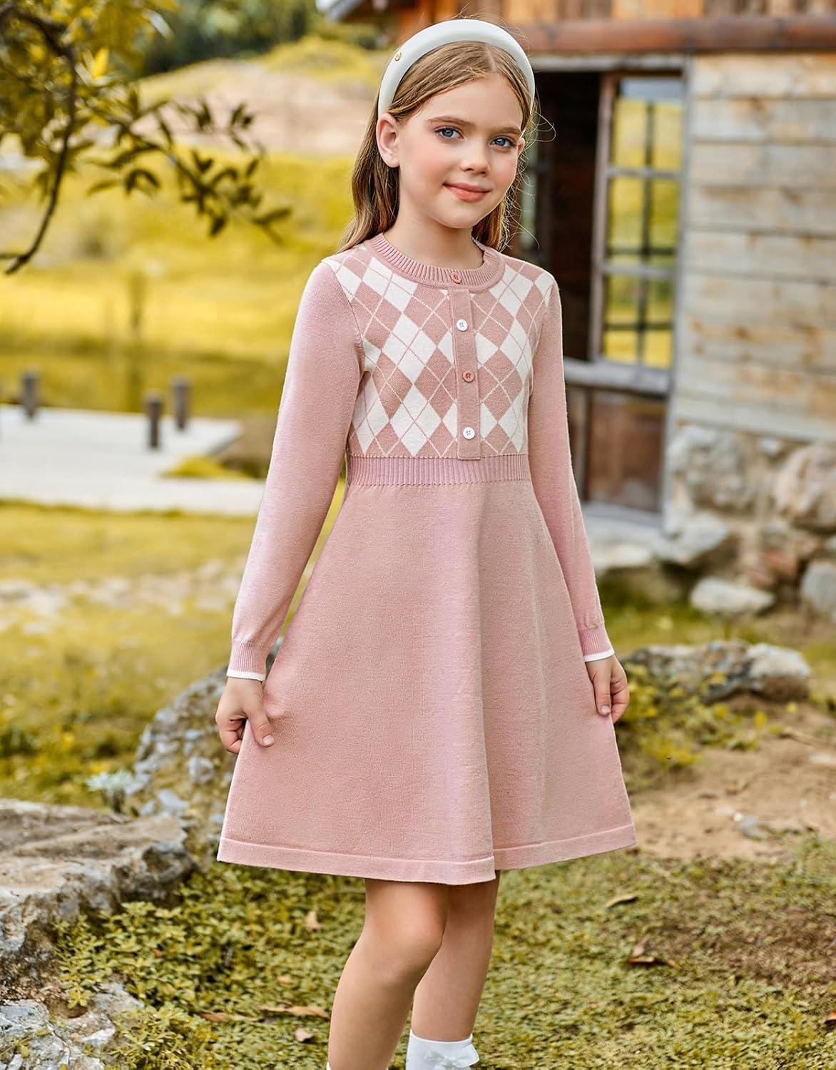 imageGRACE KARIN Girls Argyle Knit Sweater Dress Long Sleeve Fall Winter Christmas Dresses 614YPink