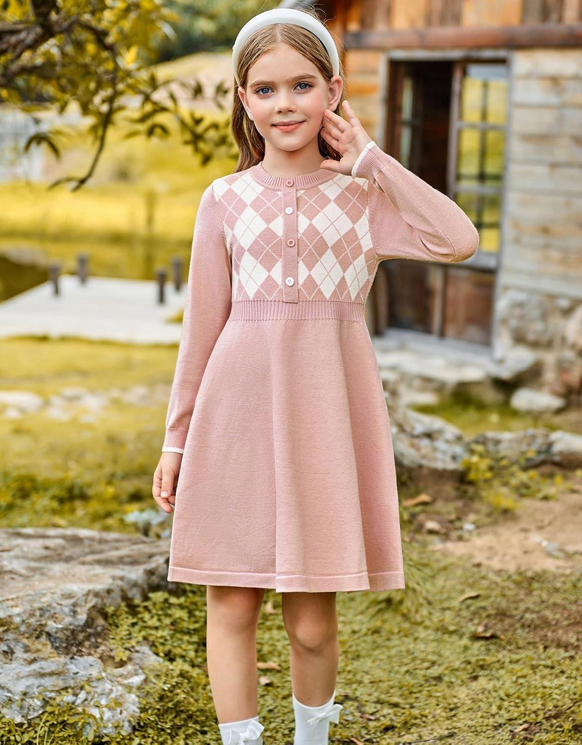 imageGRACE KARIN Girls Argyle Knit Sweater Dress Long Sleeve Fall Winter Christmas Dresses 614YPink
