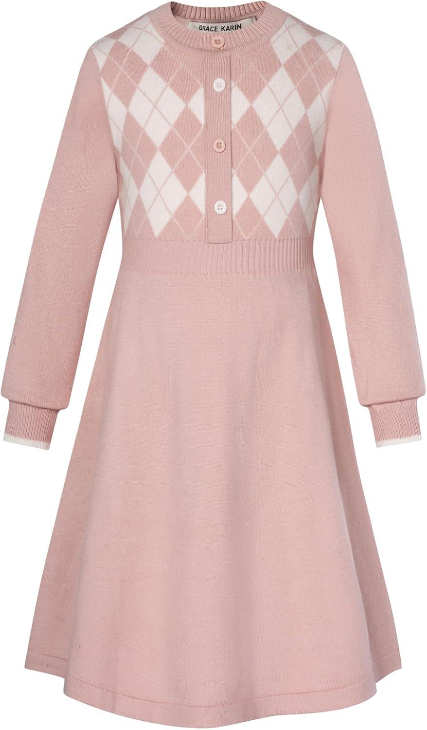 imageGRACE KARIN Girls Argyle Knit Sweater Dress Long Sleeve Fall Winter Christmas Dresses 614YPink