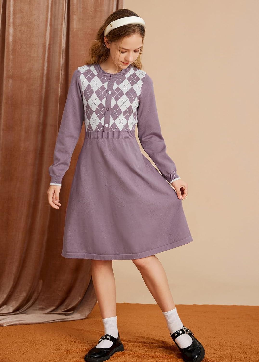 imageGRACE KARIN Girls Argyle Knit Sweater Dress Long Sleeve Fall Winter Christmas Dresses 614YPurple