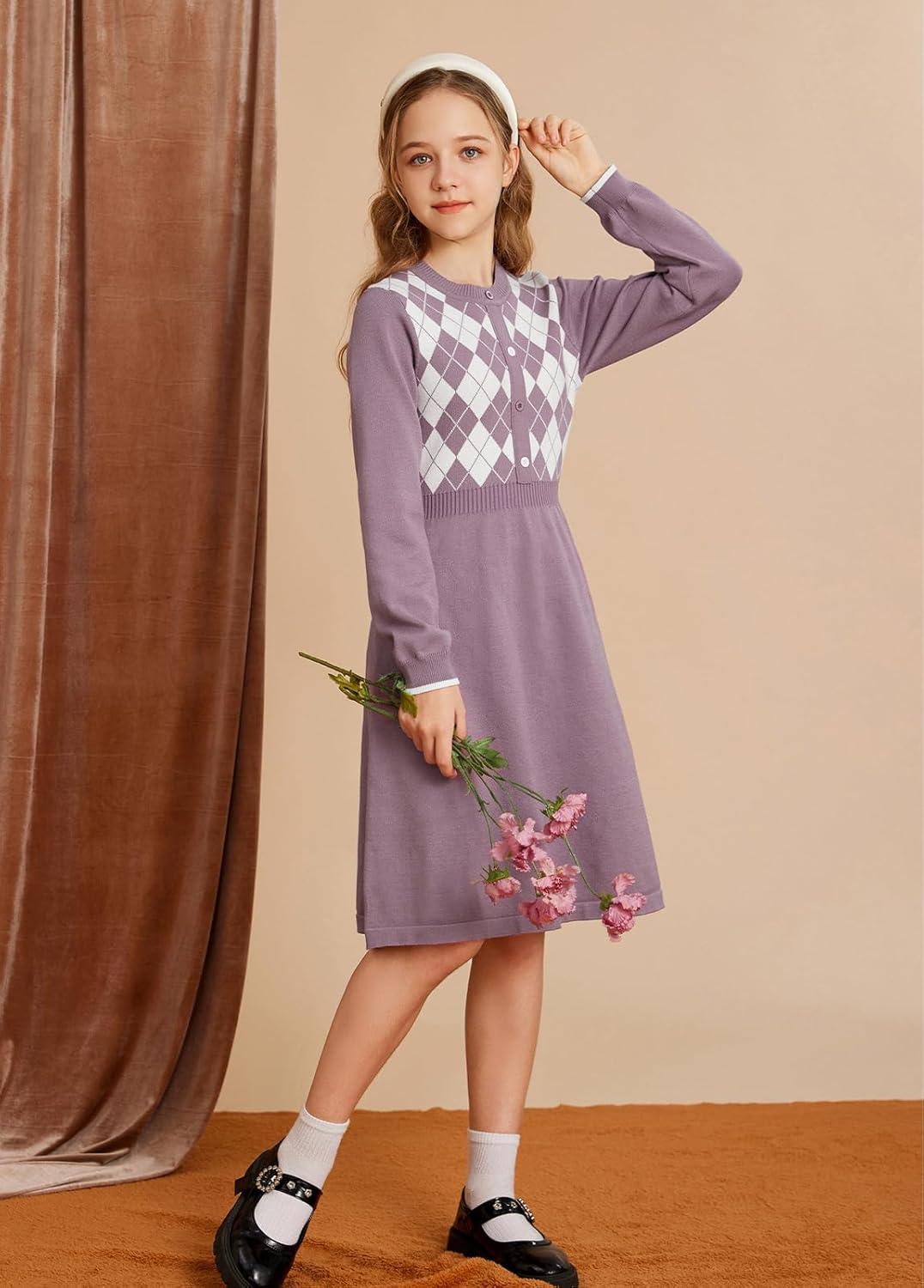 imageGRACE KARIN Girls Argyle Knit Sweater Dress Long Sleeve Fall Winter Christmas Dresses 614YPurple