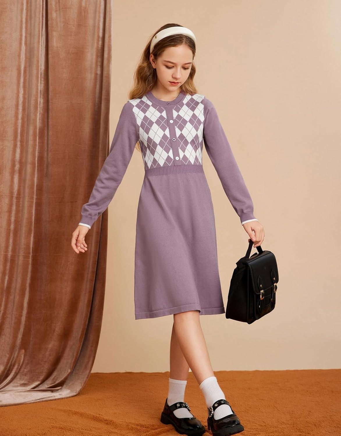 imageGRACE KARIN Girls Argyle Knit Sweater Dress Long Sleeve Fall Winter Christmas Dresses 614YPurple