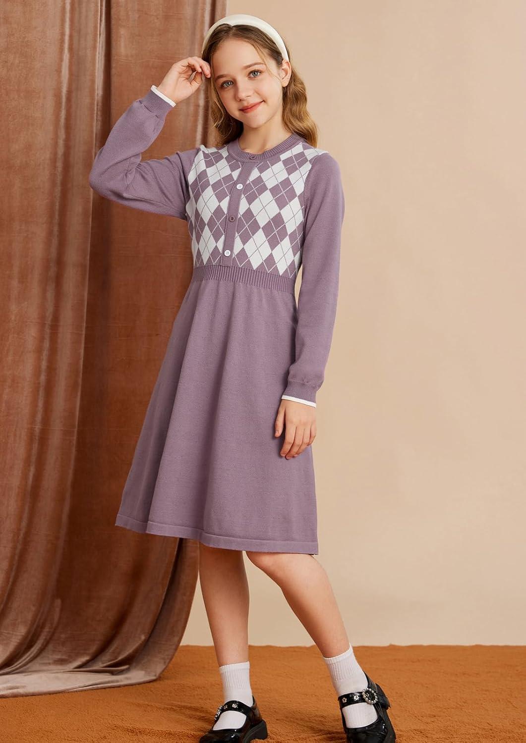 imageGRACE KARIN Girls Argyle Knit Sweater Dress Long Sleeve Fall Winter Christmas Dresses 614YPurple