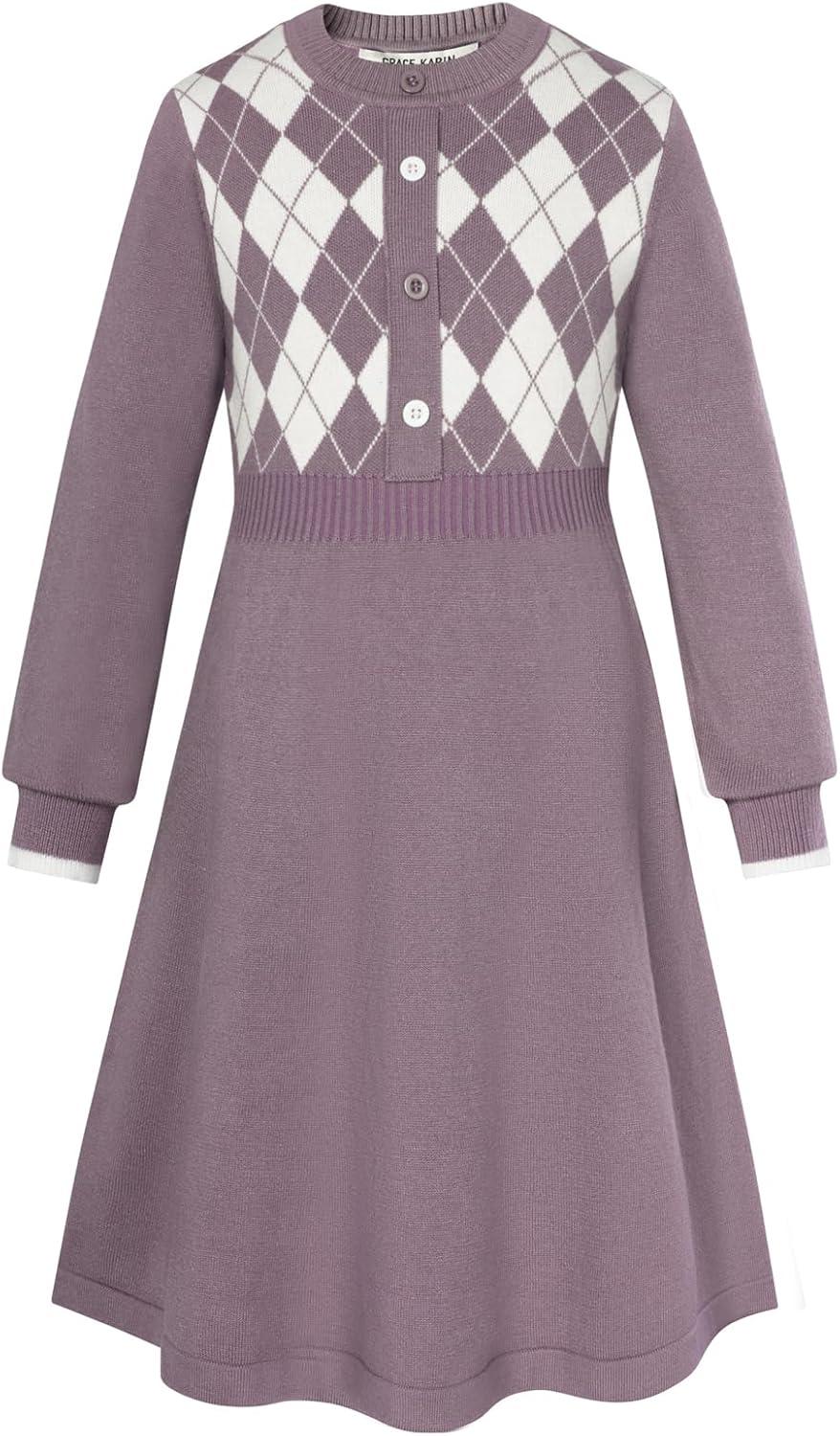 imageGRACE KARIN Girls Argyle Knit Sweater Dress Long Sleeve Fall Winter Christmas Dresses 614YPurple