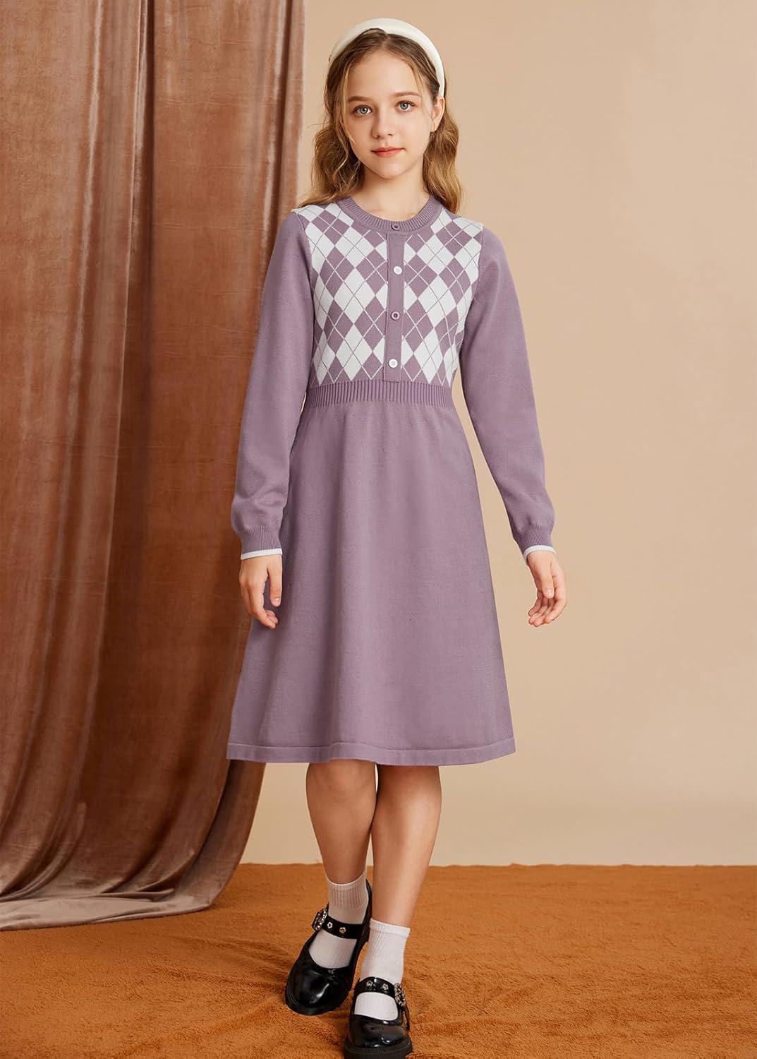 imageGRACE KARIN Girls Argyle Knit Sweater Dress Long Sleeve Fall Winter Christmas Dresses 614YPurple