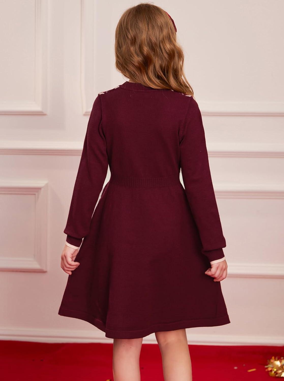 imageGRACE KARIN Girls Argyle Knit Sweater Dress Long Sleeve Fall Winter Christmas Dresses 614YRed