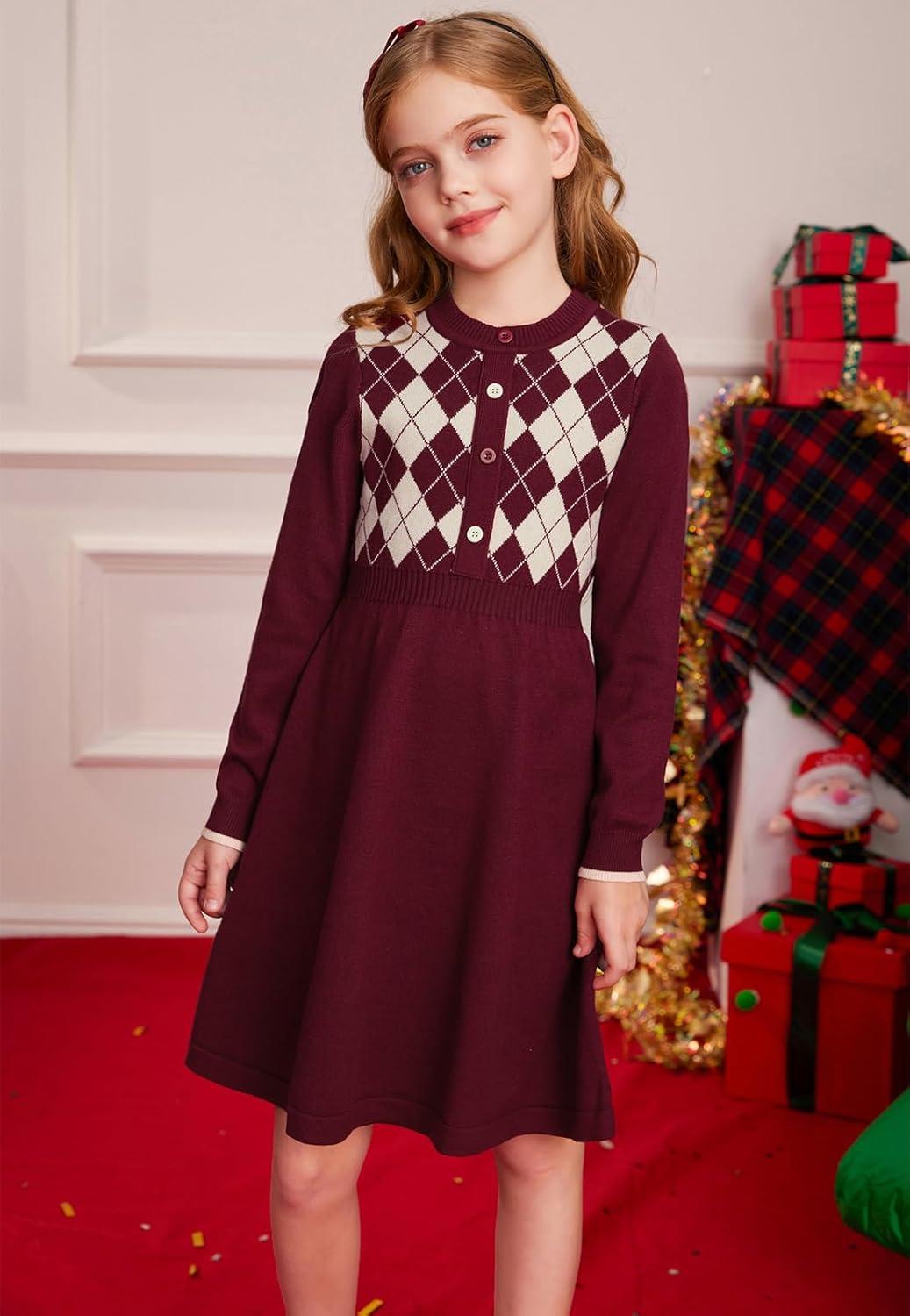imageGRACE KARIN Girls Argyle Knit Sweater Dress Long Sleeve Fall Winter Christmas Dresses 614YRed