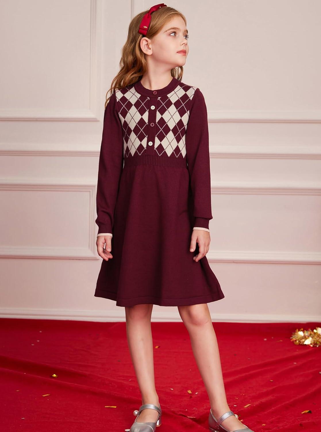 imageGRACE KARIN Girls Argyle Knit Sweater Dress Long Sleeve Fall Winter Christmas Dresses 614YRed