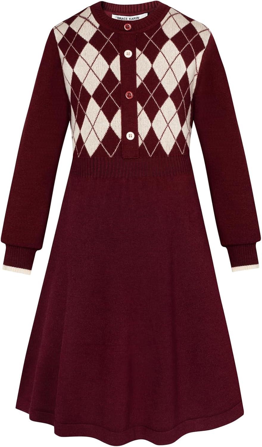 imageGRACE KARIN Girls Argyle Knit Sweater Dress Long Sleeve Fall Winter Christmas Dresses 614YRed