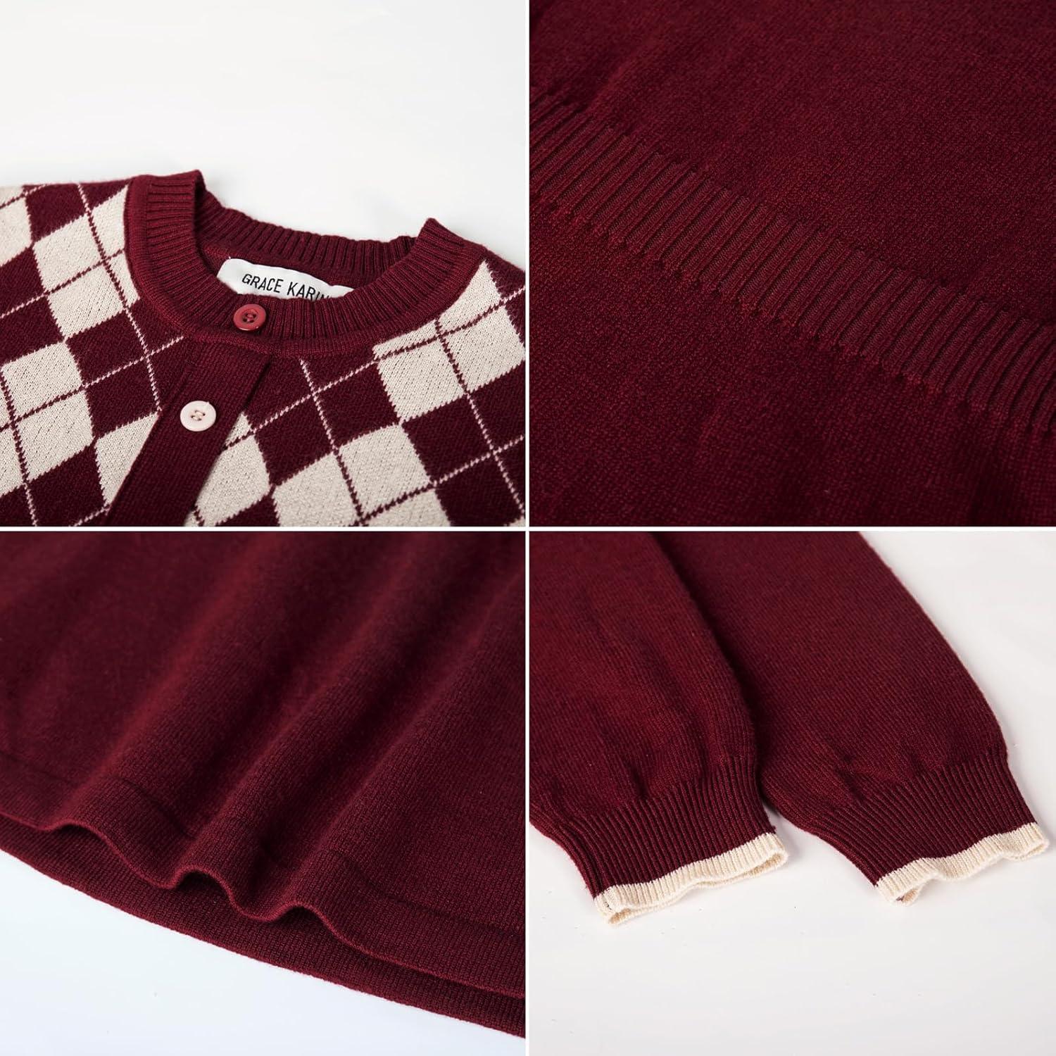 imageGRACE KARIN Girls Argyle Knit Sweater Dress Long Sleeve Fall Winter Christmas Dresses 614YRed