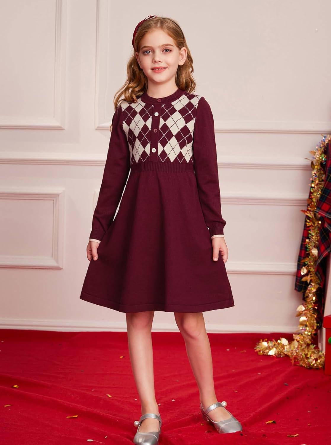 imageGRACE KARIN Girls Argyle Knit Sweater Dress Long Sleeve Fall Winter Christmas Dresses 614YRed