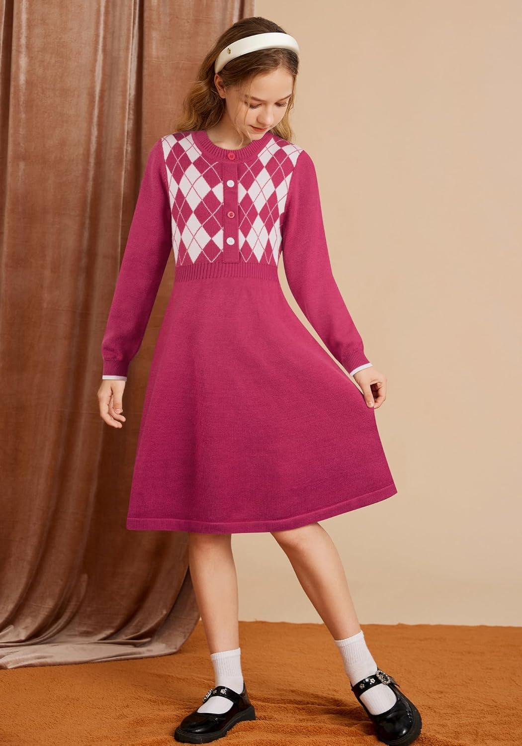 imageGRACE KARIN Girls Argyle Knit Sweater Dress Long Sleeve Fall Winter Christmas Dresses 614YRose Red