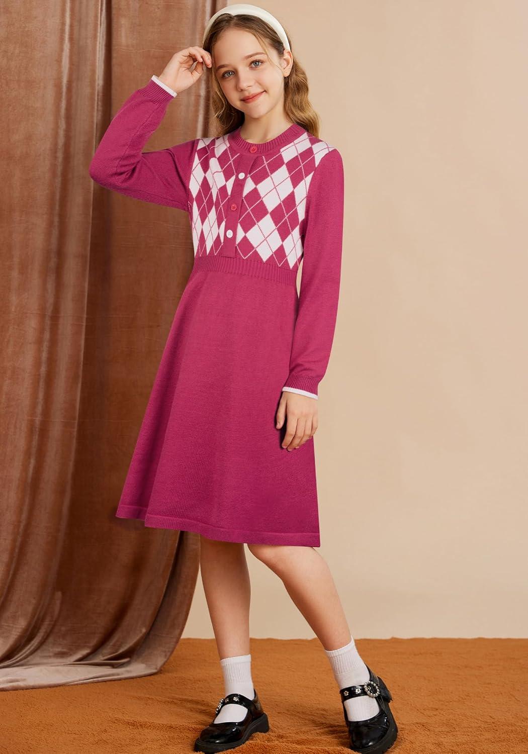 imageGRACE KARIN Girls Argyle Knit Sweater Dress Long Sleeve Fall Winter Christmas Dresses 614YRose Red